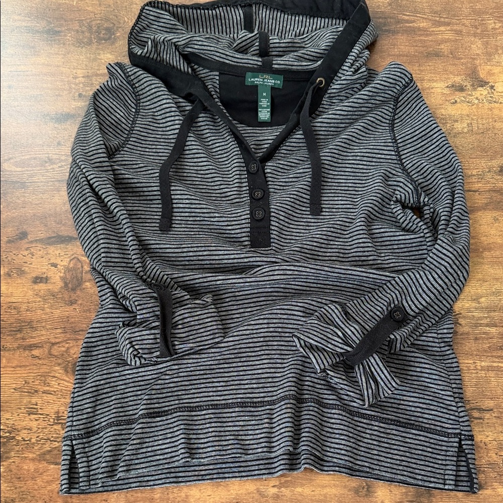 Lauren Ralph Lauren Black and Gray Striped Hooded Sweatshirt - Picture 1 of 7
